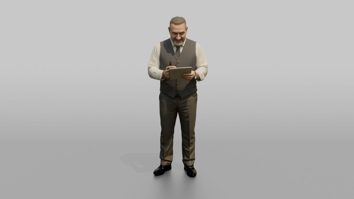 Host Man Checking A Reservation List On A Clipboard - 3D character model, view 5