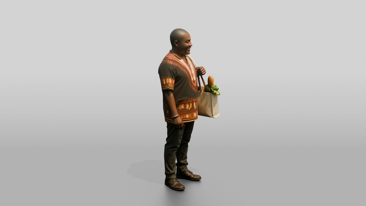 African Man in a Dashiki Shirt Carrying Groceries - 3D character model, view 2