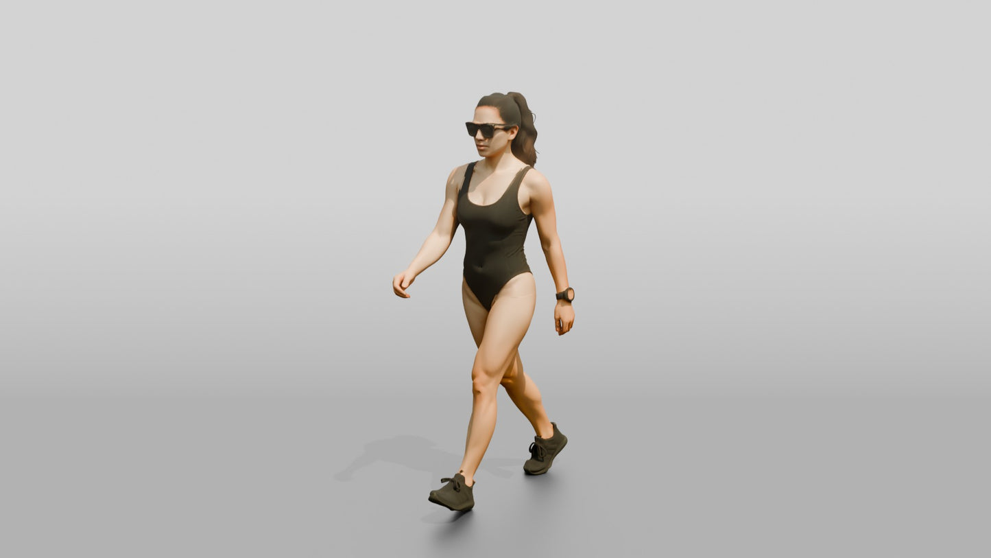 Latina Woman in Sleek Black Swimsuit Beach Walk