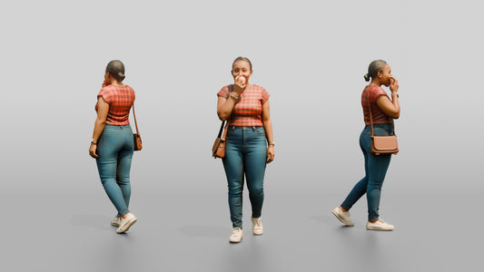 African Woman Eating an Apple in a Plaid Top