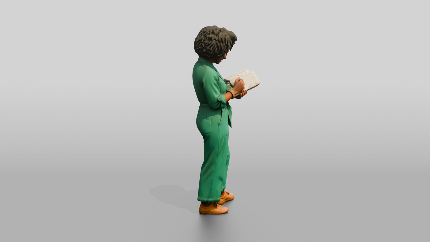 Woman Reading a Document in a Jumpsuit