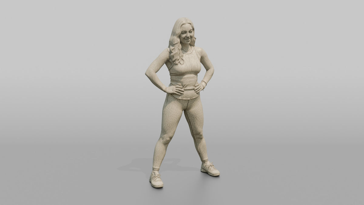 Physique Model Woman Standing In A Confident Wide Stance, Hands On Hips - wireframe topology preview