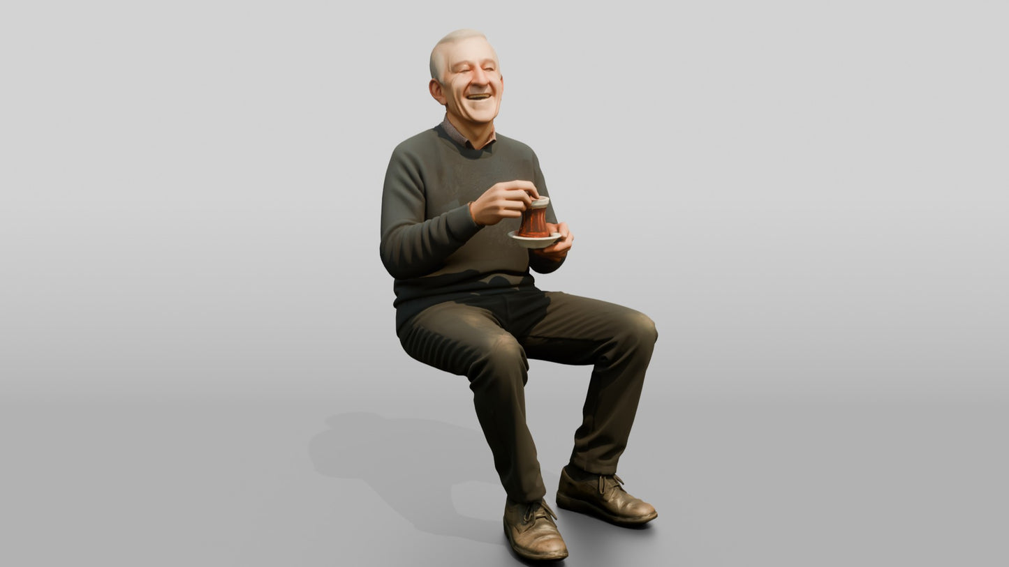Elderly Man Laughing with Tea Glass