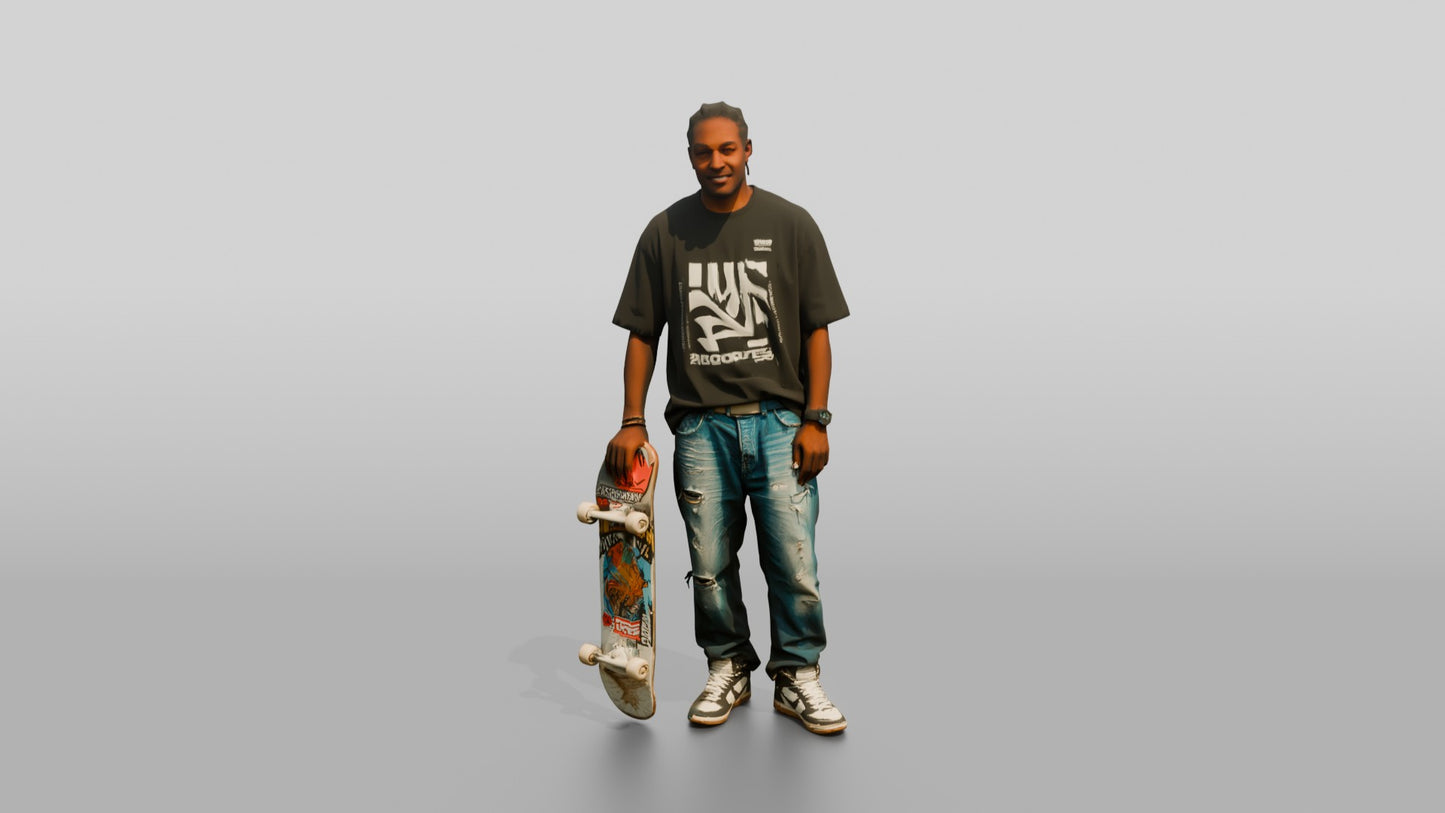 Skater Man in Ripped Jeans with Skateboard