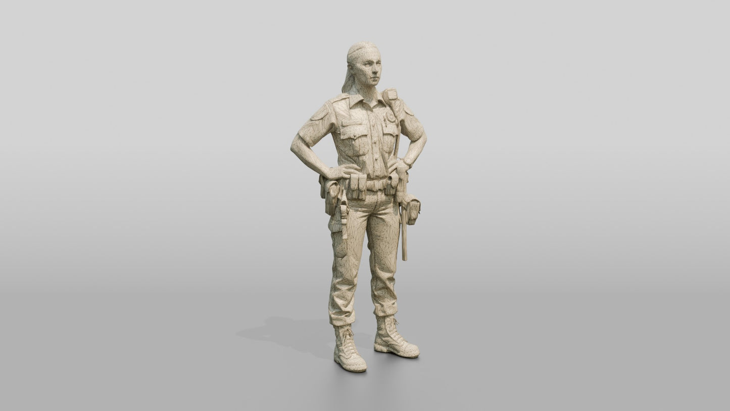 Caucasian Female Guard in a Grey Patrol Shirt and Dark Trousers