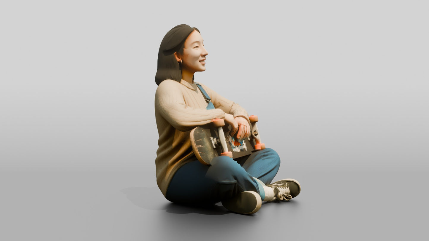 Skater Woman Sitting with Skateboard