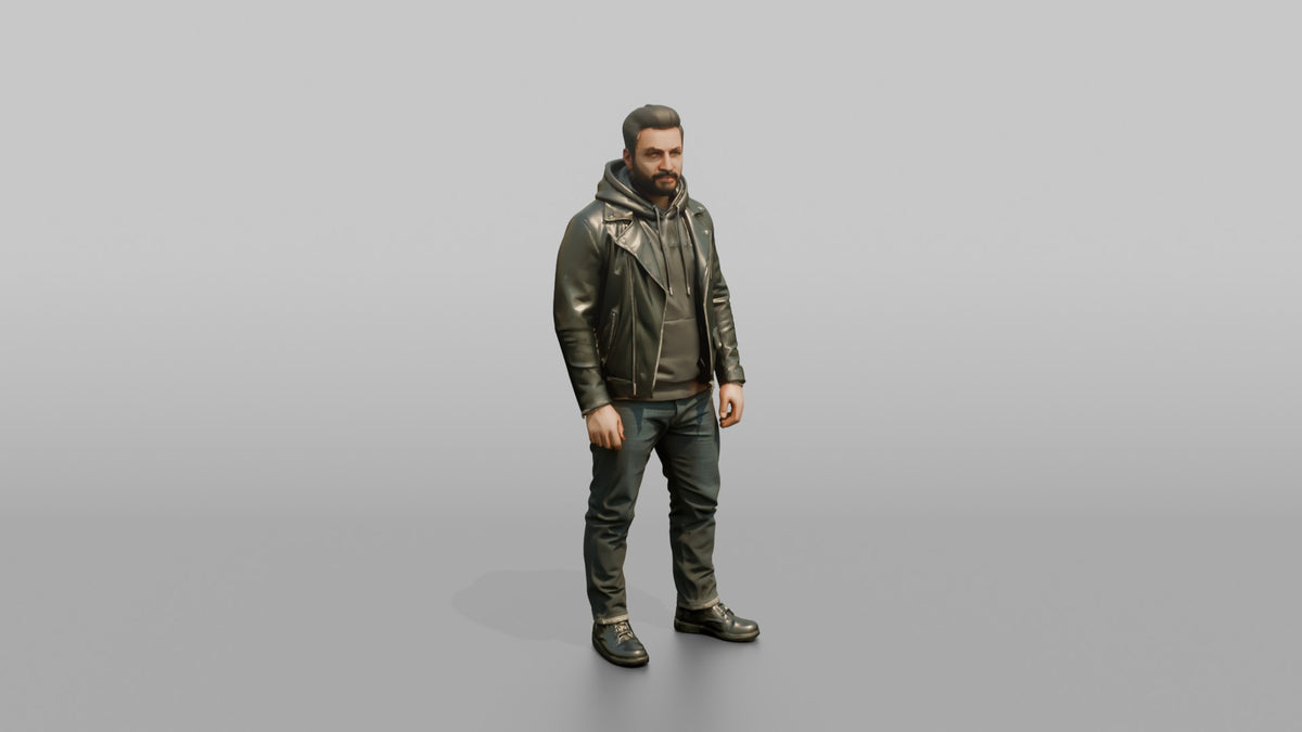 Man in Moto Jacket and Hoodie Standing - 3D character model, view 1