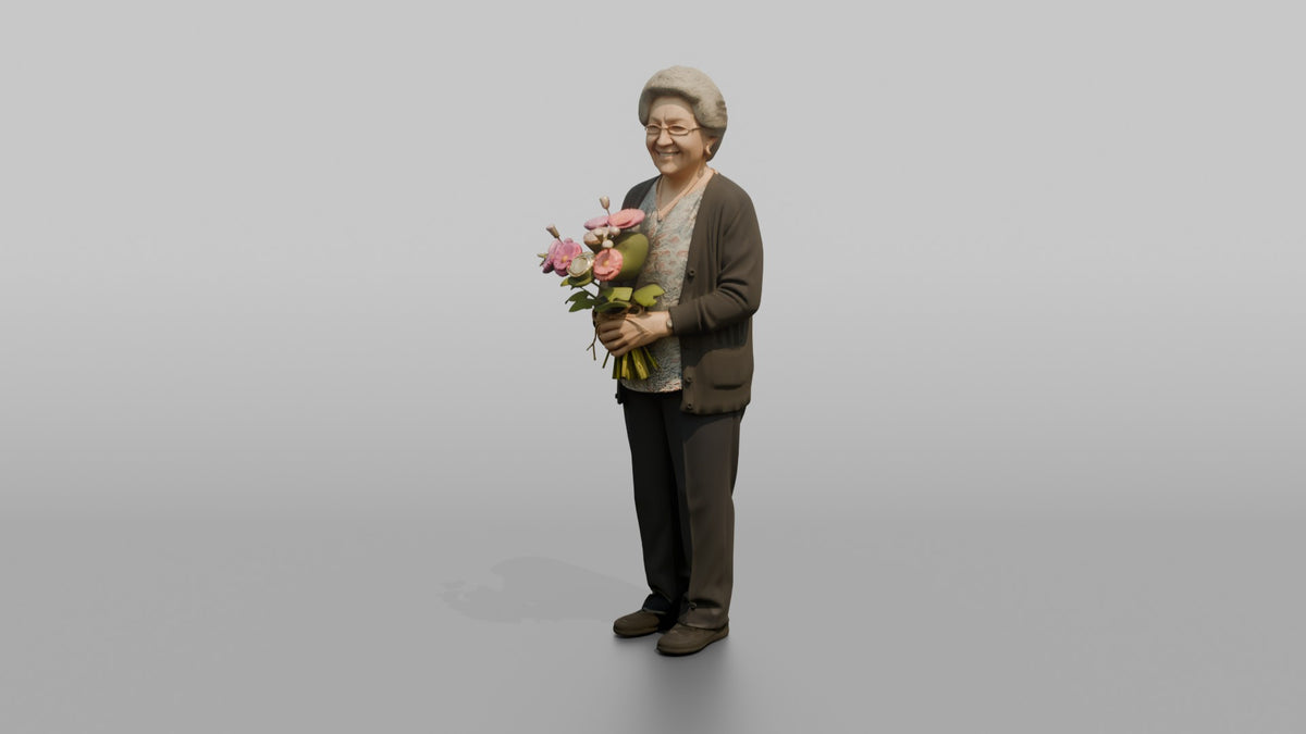 Grandmother Holding A Bouquet Of Garden Flowers - 3D character model, view 4