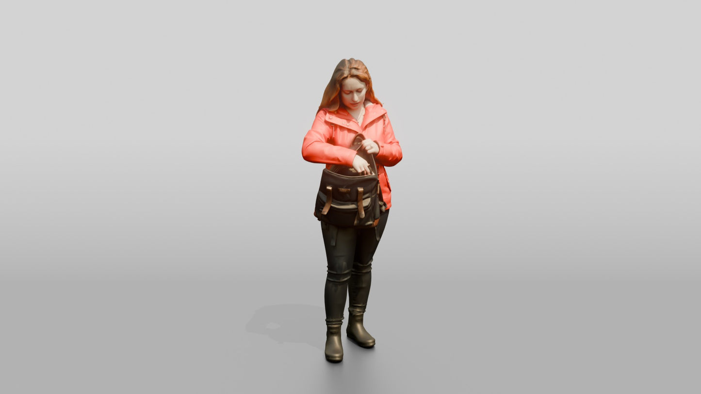 White Woman in Red Jacket Looking for Keys