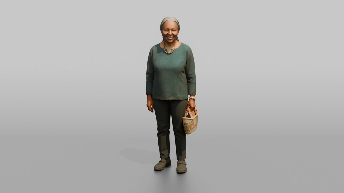 Woman Customer Carrying A Small Woven Basket - 3D character model, view 5