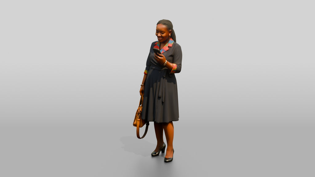 Woman in Wrap Dress with Colorful Print Trim Checking Her Phone