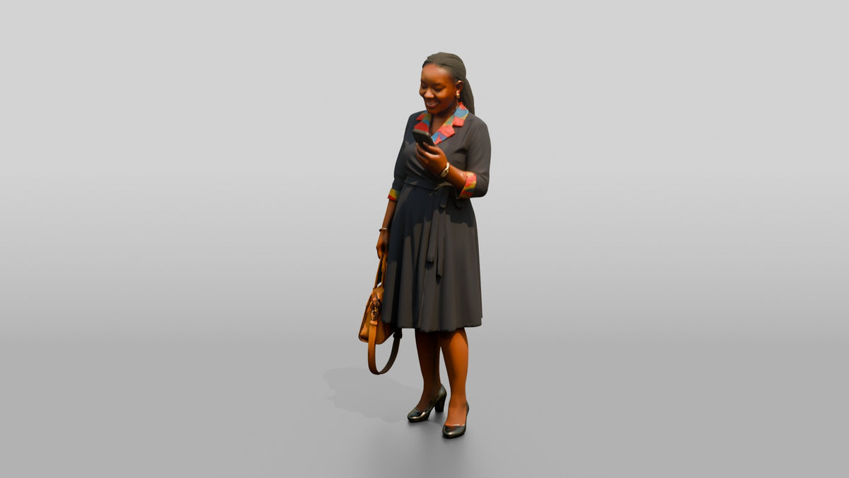 Woman in Wrap Dress with Colorful Print Trim Checking Her Phone - 3D character model, view 4