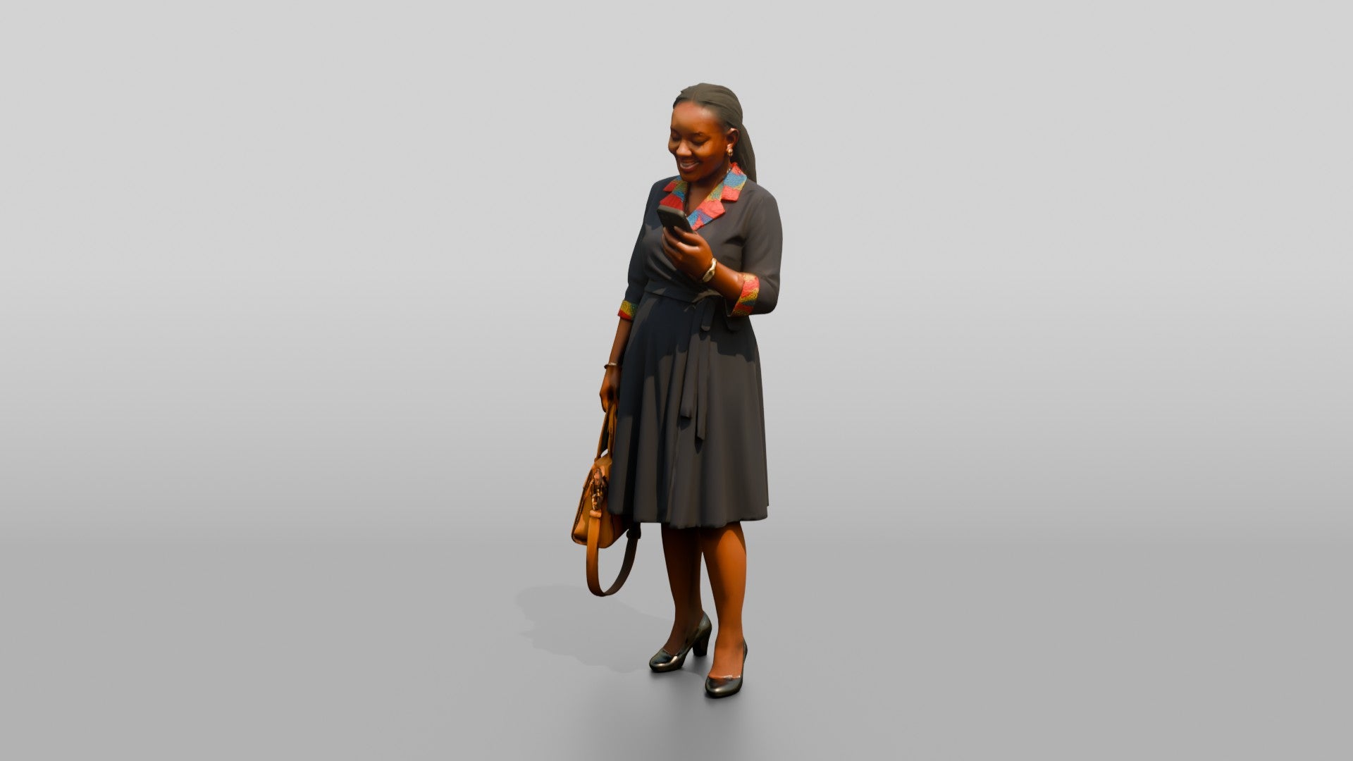Woman in Wrap Dress with Colorful Print Trim Checking Her Phone