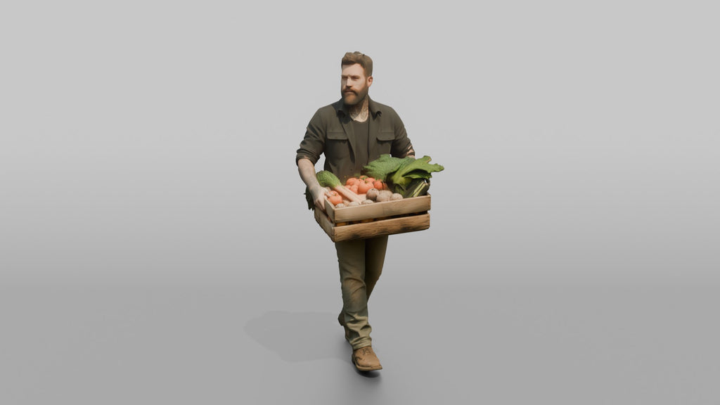 Farmer Carrying Wooden Crate Filled Harvested Organic