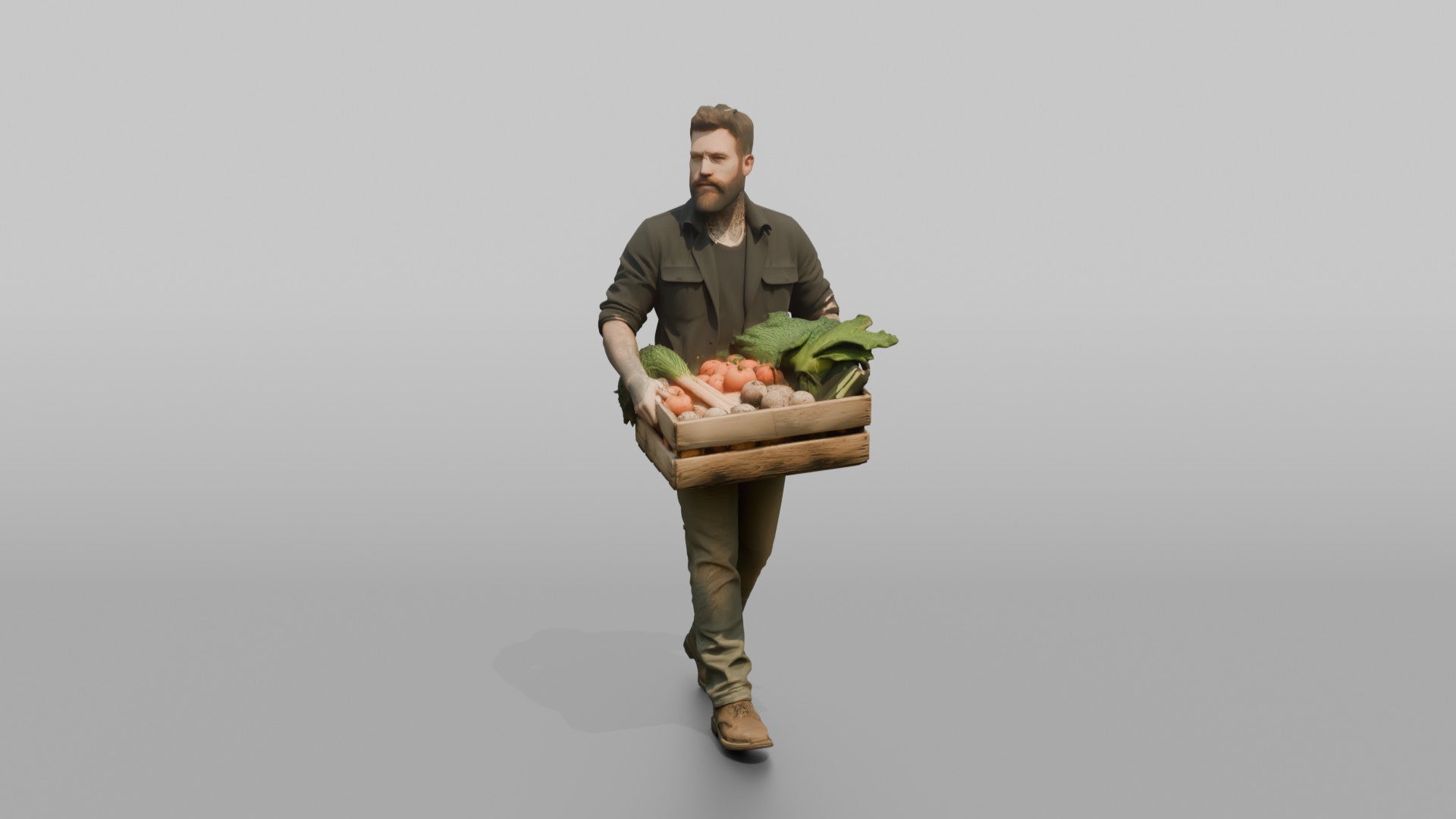 Farmer Carrying Wooden Crate Filled Harvested Organic