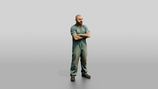 White Male Prisoner Standing with His Arms Crossed Defensively - 3D character model, view 1