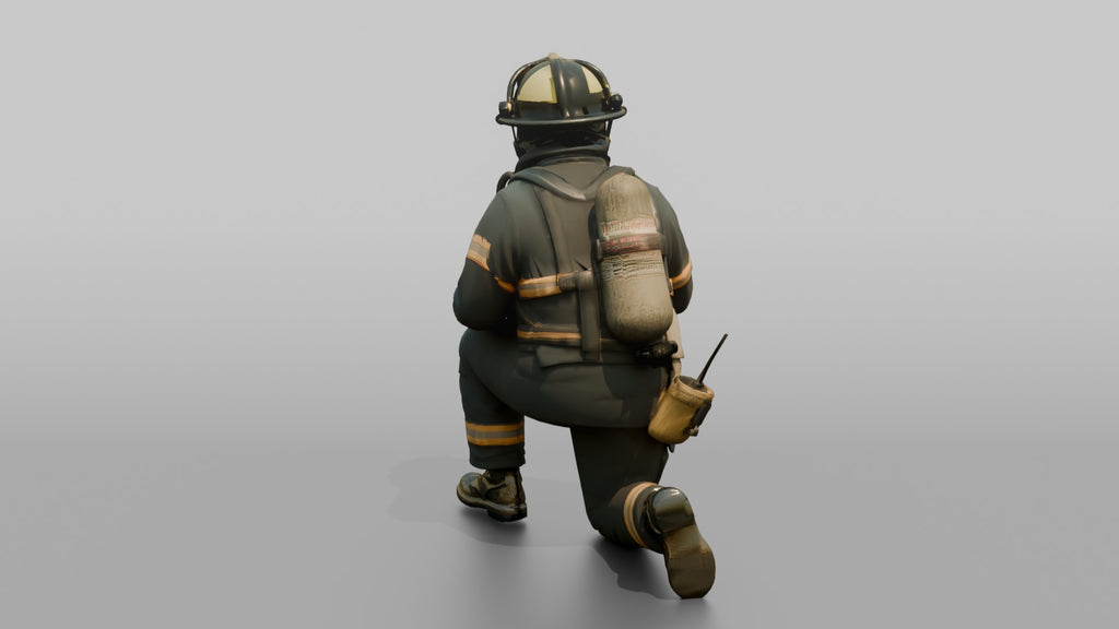 Firefighter Man Crouching in a Low Tactical Stance