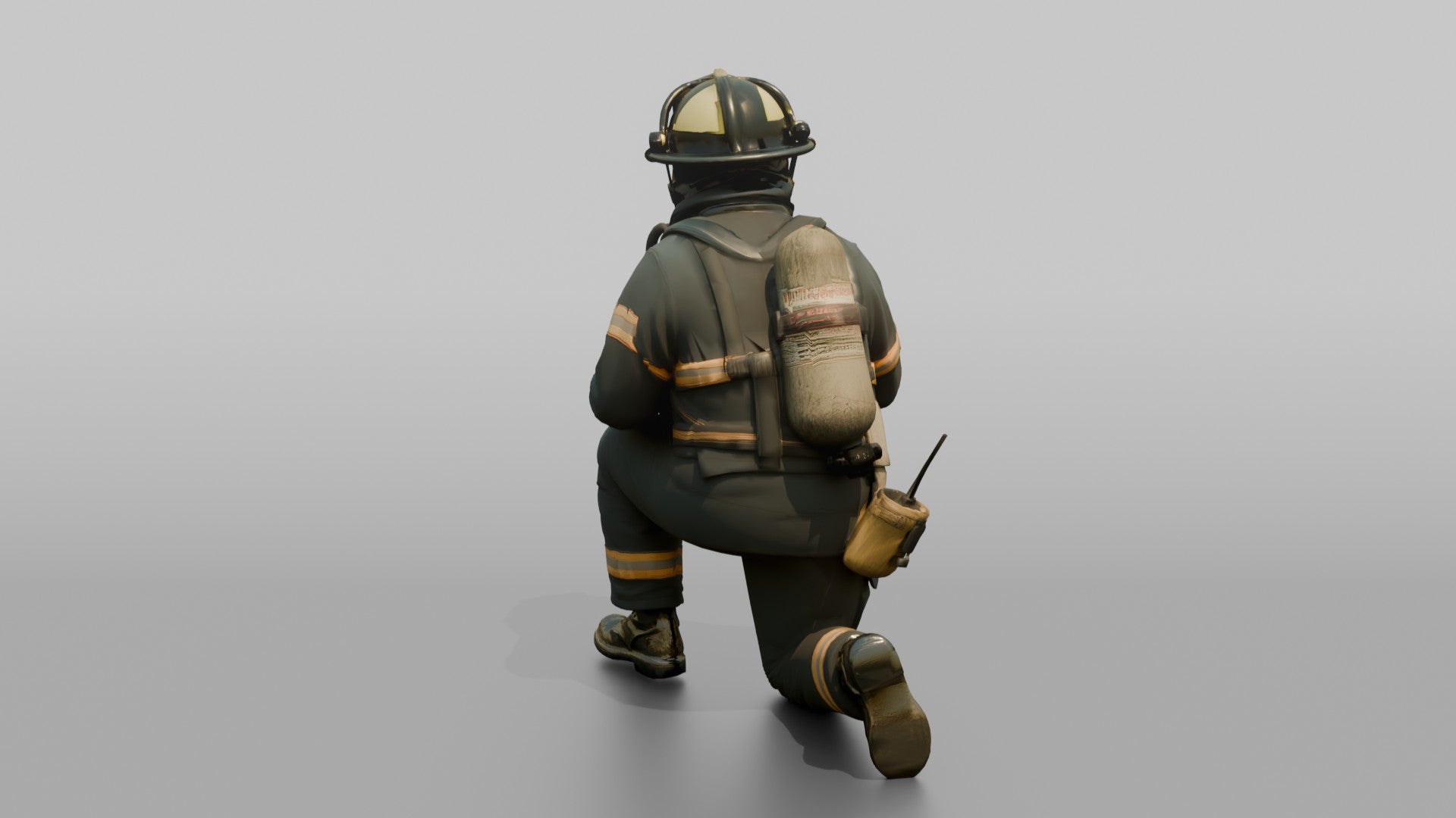 Firefighter Man Crouching in a Low Tactical Stance