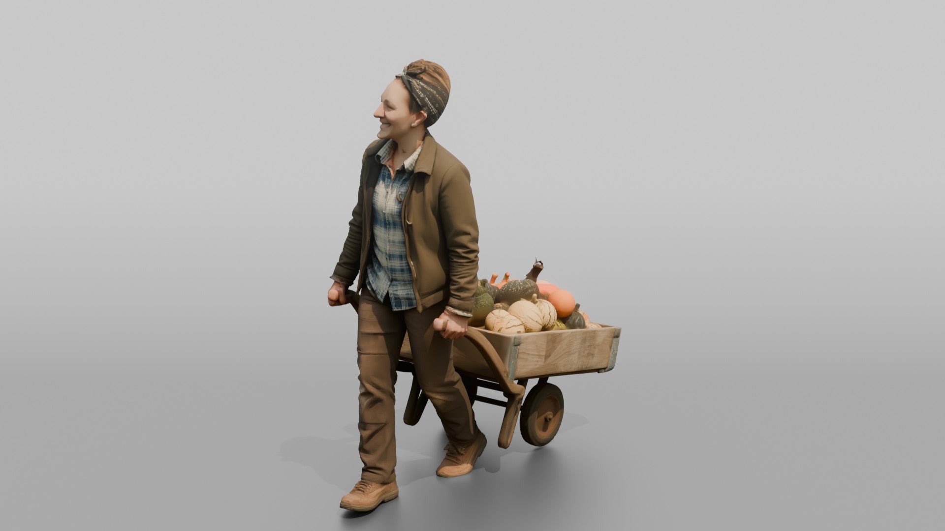 Farmer Pulling Heavy Hand Cart Loaded Organic