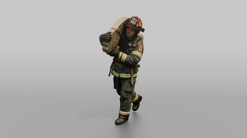 Firefighter Man Hoisting a Heavy Folded Hose Pack Onto His Shoulder