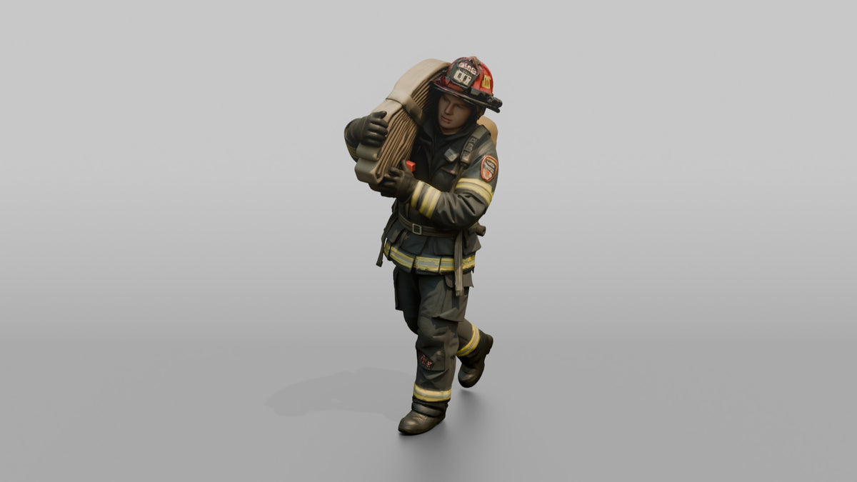 Firefighter Man Hoisting a Heavy Folded Hose Pack Onto His Shoulder - 3D character model, view 5