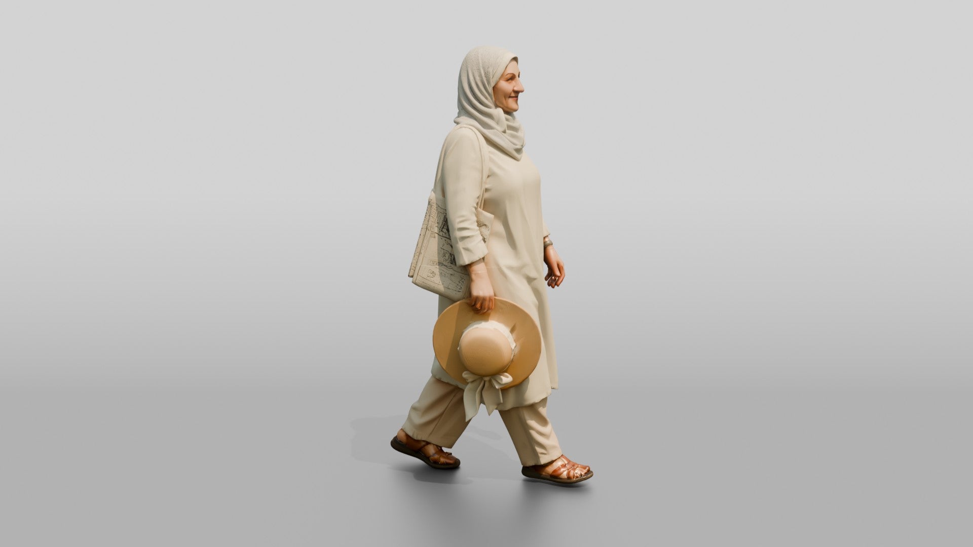 Middle-Aged Iraqi Woman in Hijab Carrying a Summer Hat