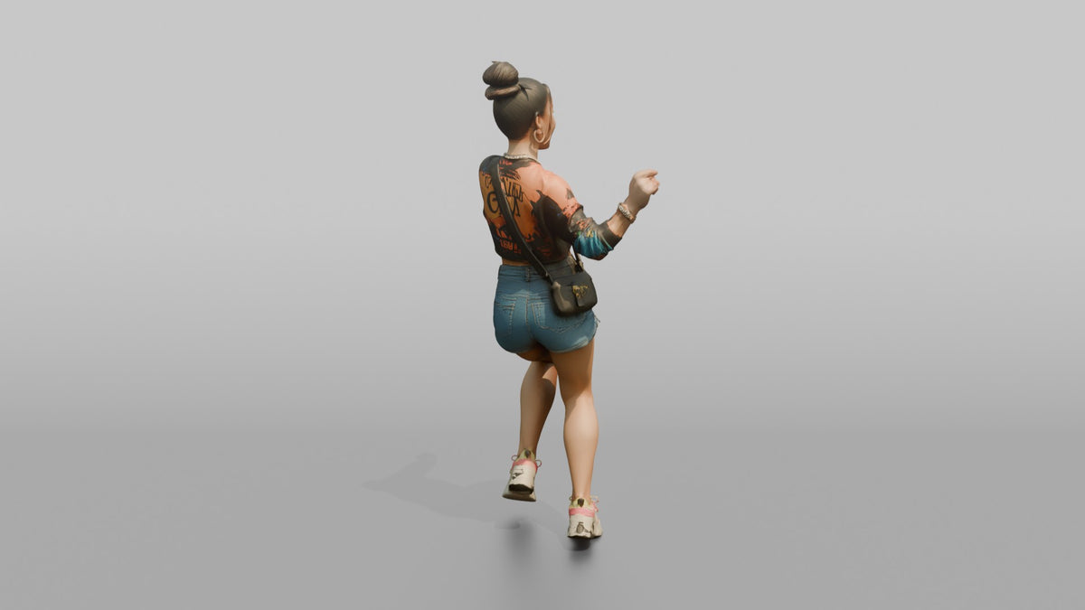 Patron Woman Dancing In Platform Sneakers, Colorful Urban Streetwear - 3D character model, view 3