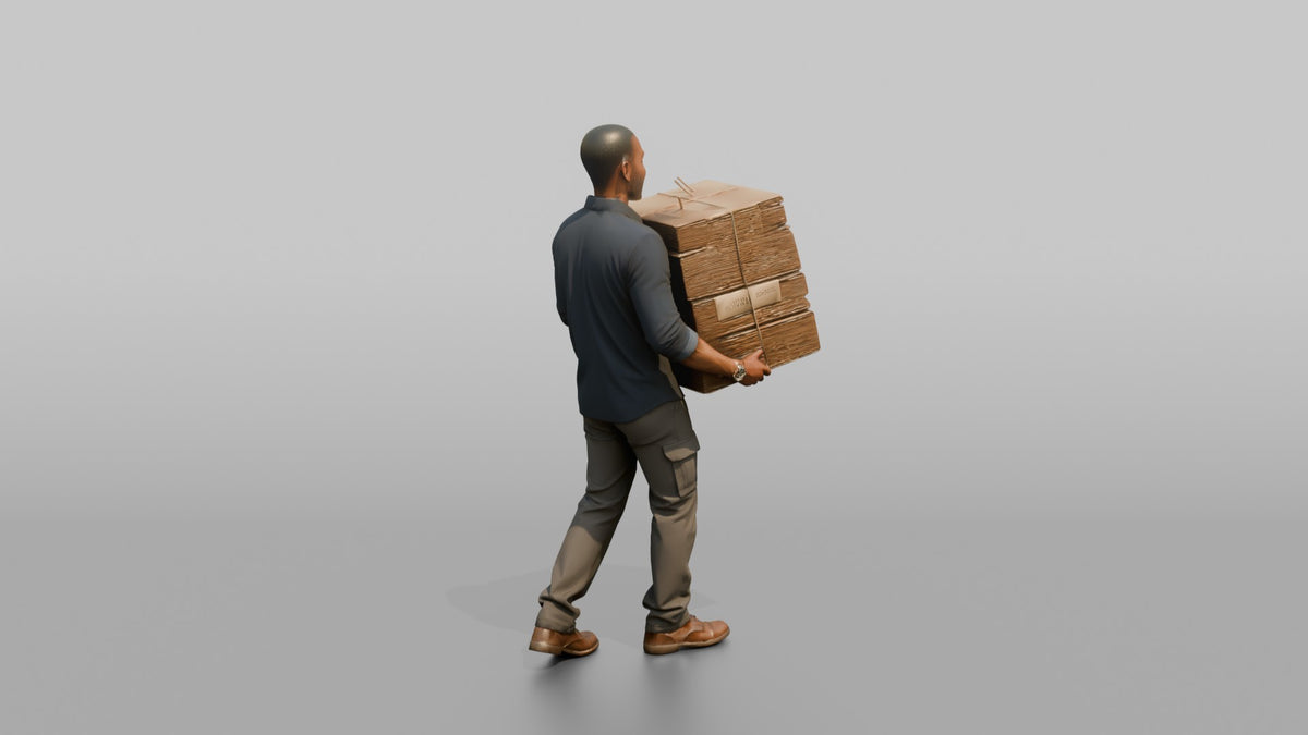 Father Carrying A Stack Of Flattened Moving Boxes - 3D character model, view 3