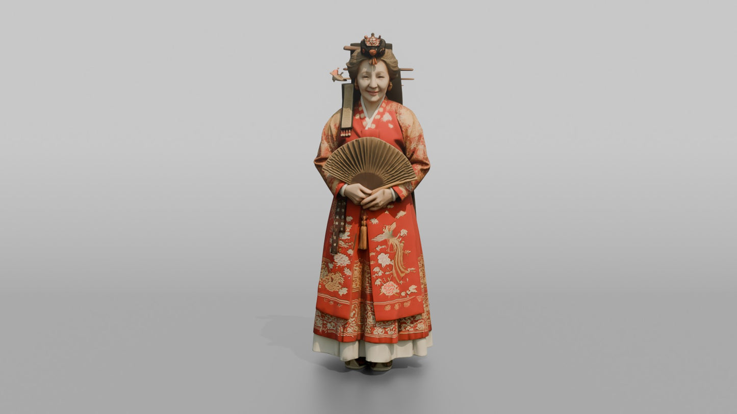 East Asian Bride in a Traditional Red Hanbok