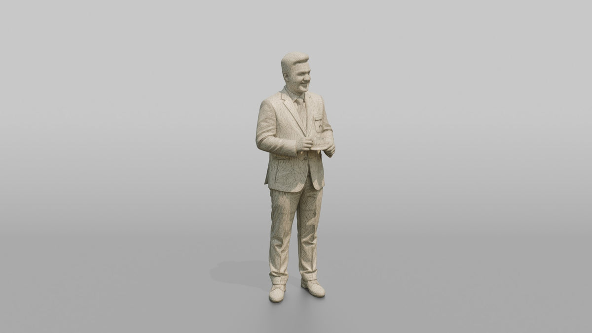 Receptionist Man Presenting A Room Key Card With Both Hands - wireframe topology preview