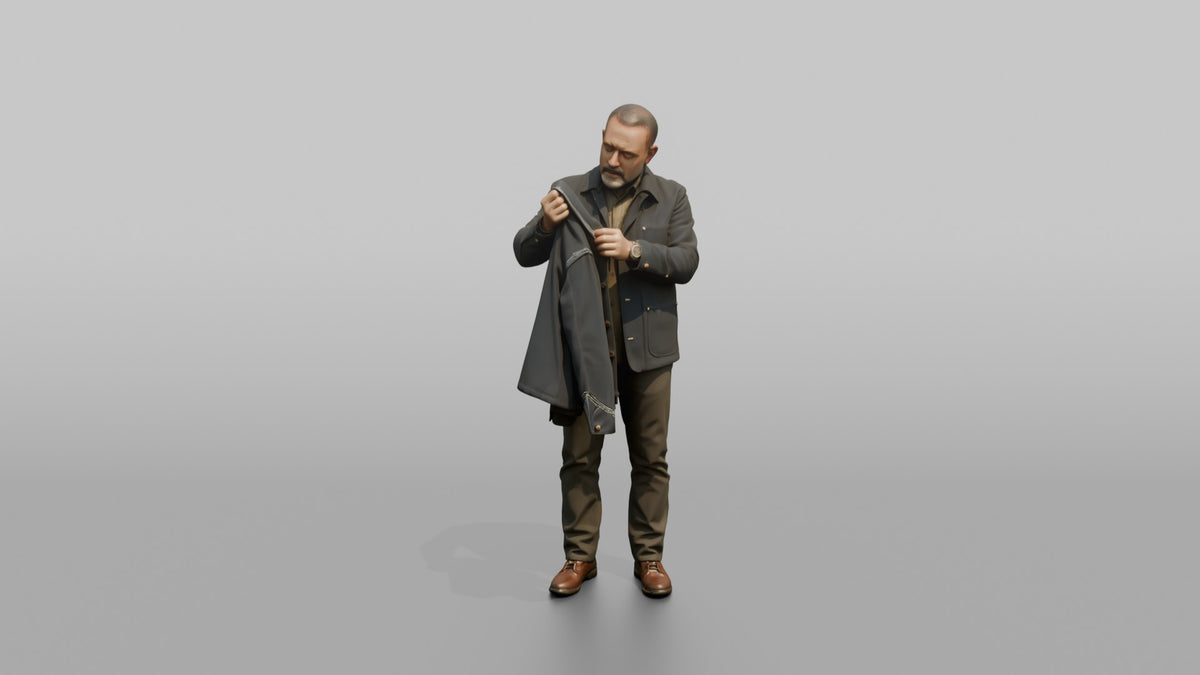 Man Customer Inspecting The Stitching On A Jacket Sleeve - 3D character model, view 5