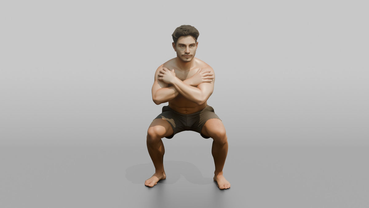 Bodyweight Athlete Man Holding A Deep Squat Position, Arms Crossed - 3D character model, view 5