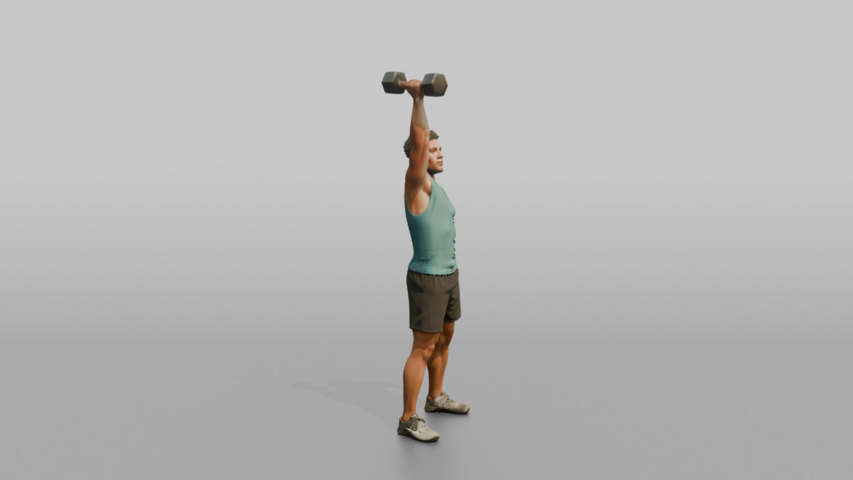 Weightlifter Man Pressing A Dumbbell Overhead With One Arm - 3D character model, view 2