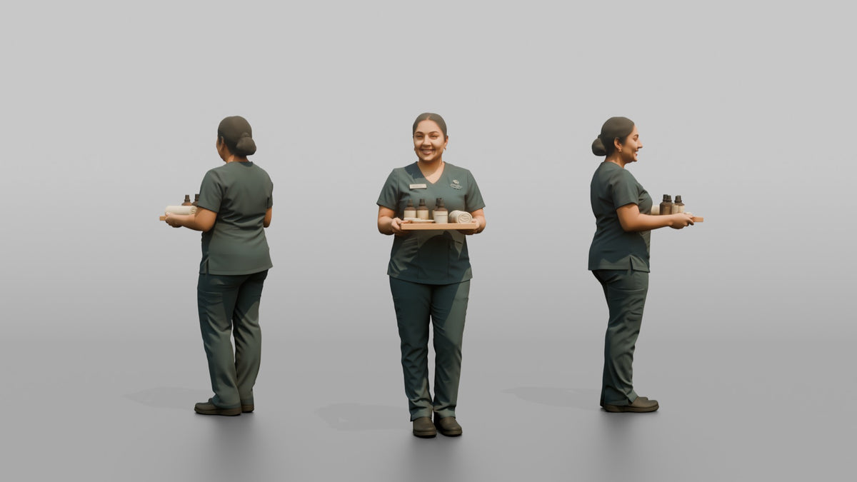 Esthetician Man Holding A Small Tray Of Skincare Products - 3D character model, view 1