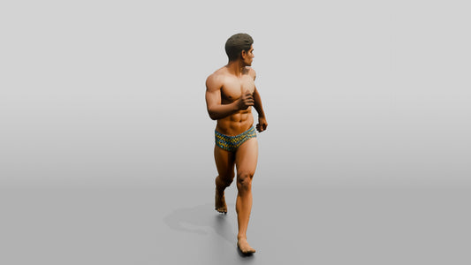 Mestizo Man in Zig-Zag Swim Brief Beach Walk - 3D character model, view 1