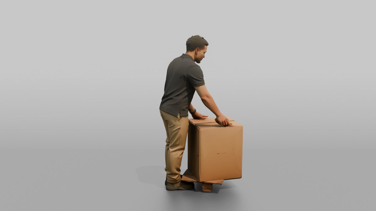 Man Stock Clerk Unpacking A Cardboard Box With A Box Cutter - 3D character model, view 3