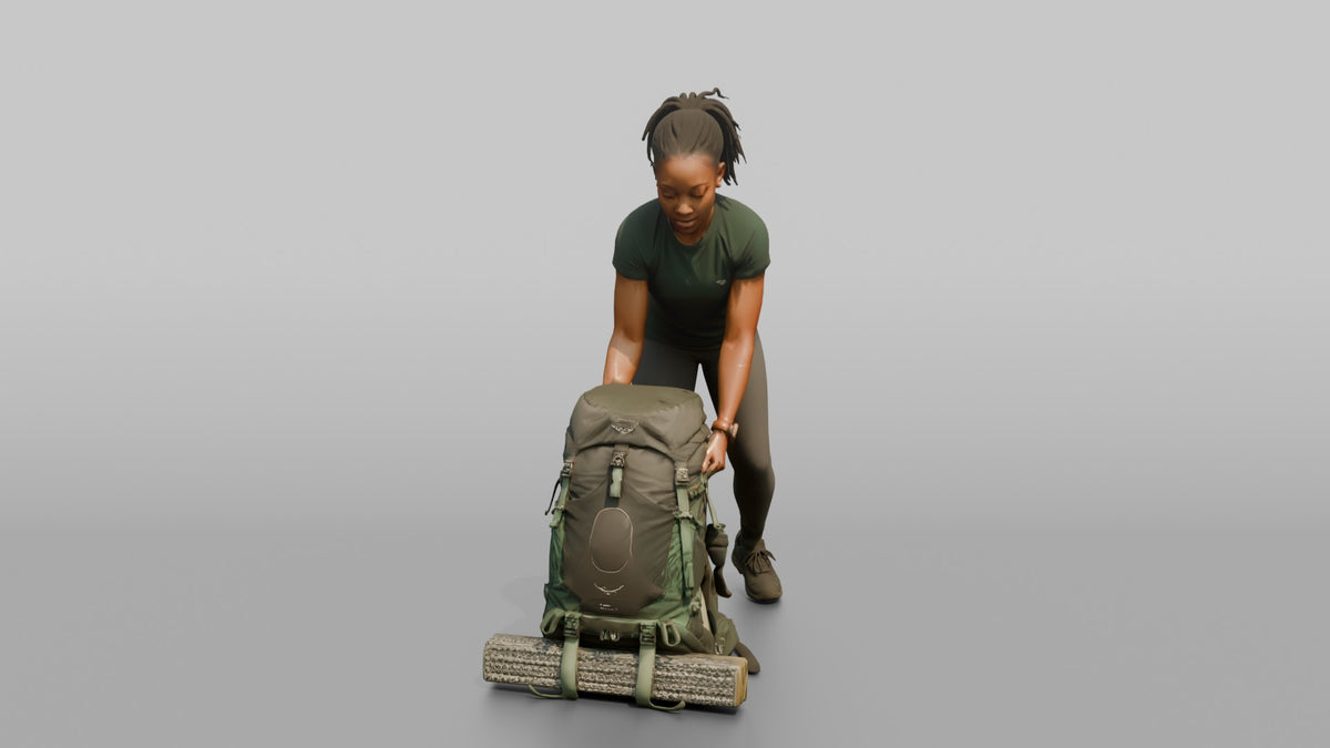 Backpacker Lowering Her Pack to the Ground - 3D character model, view 1