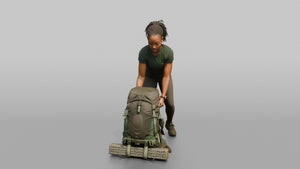 Backpacker Lowering Her Pack to the Ground - 3D character model, view 1