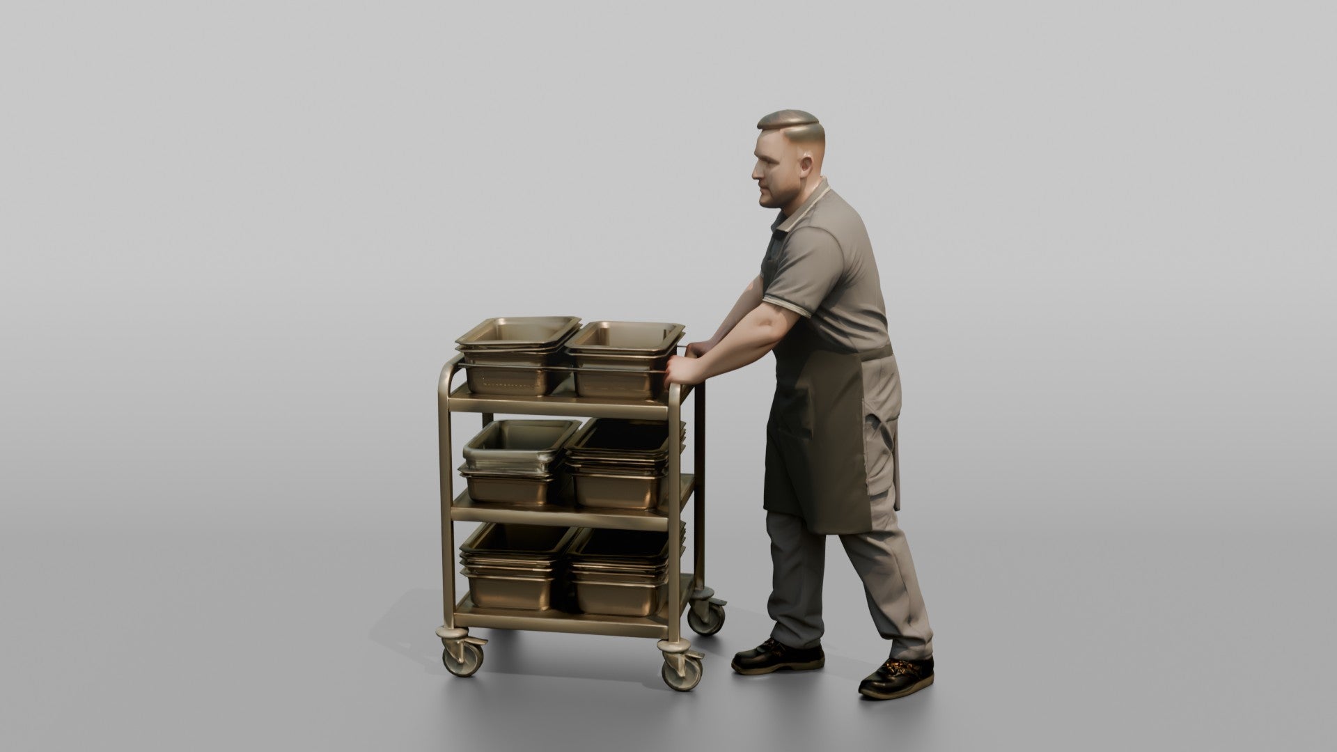 Mess Attendant Pushing a Food Trolley