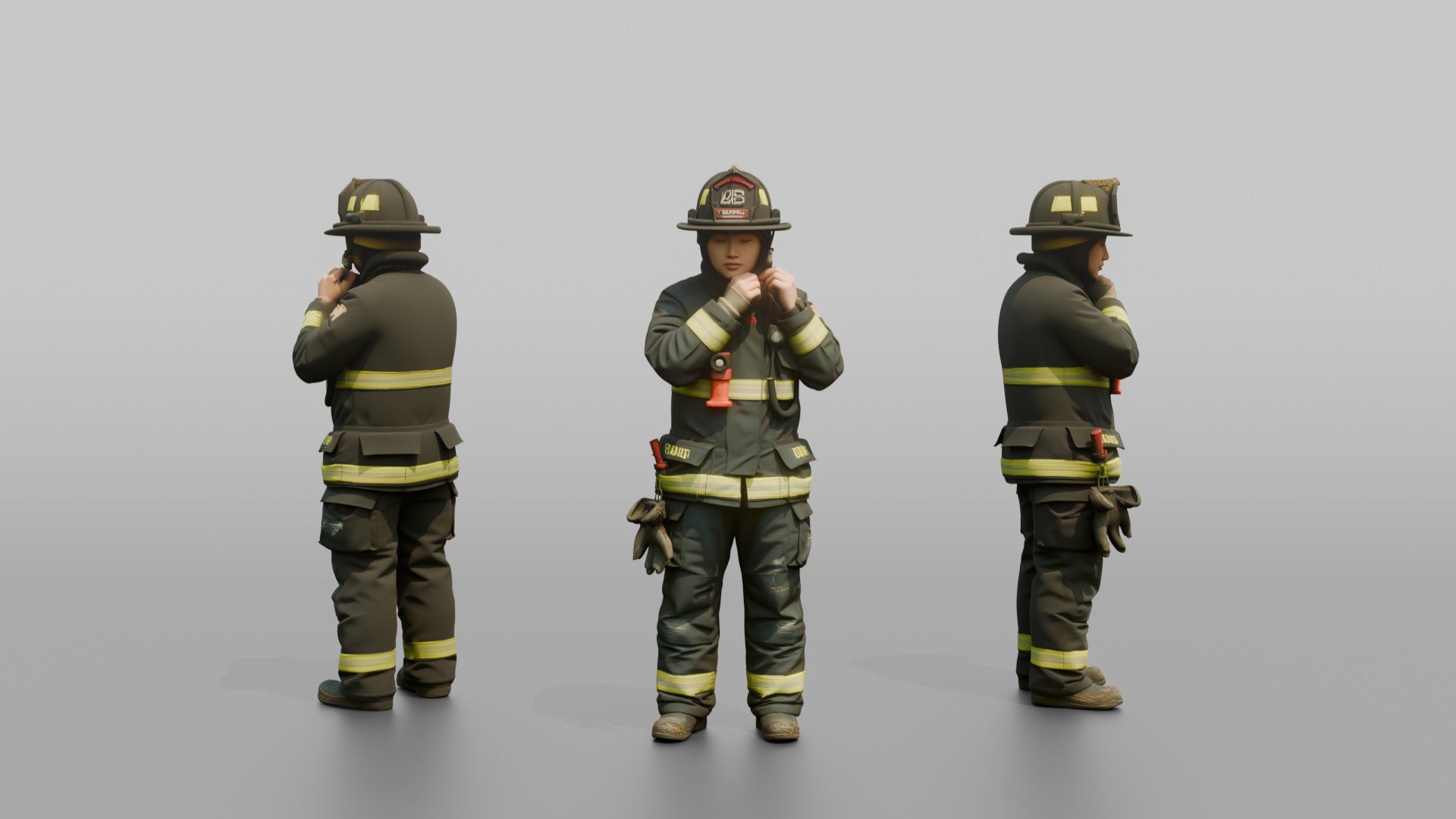 Firefighter Woman Adjusting the Chin Strap on Her Turnout Helmet