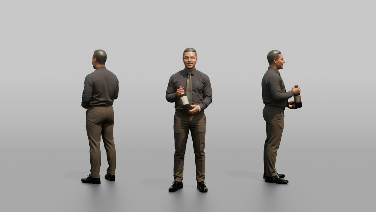 Server Man Presenting A Wine Bottle For Inspection - 3D character model, view 1