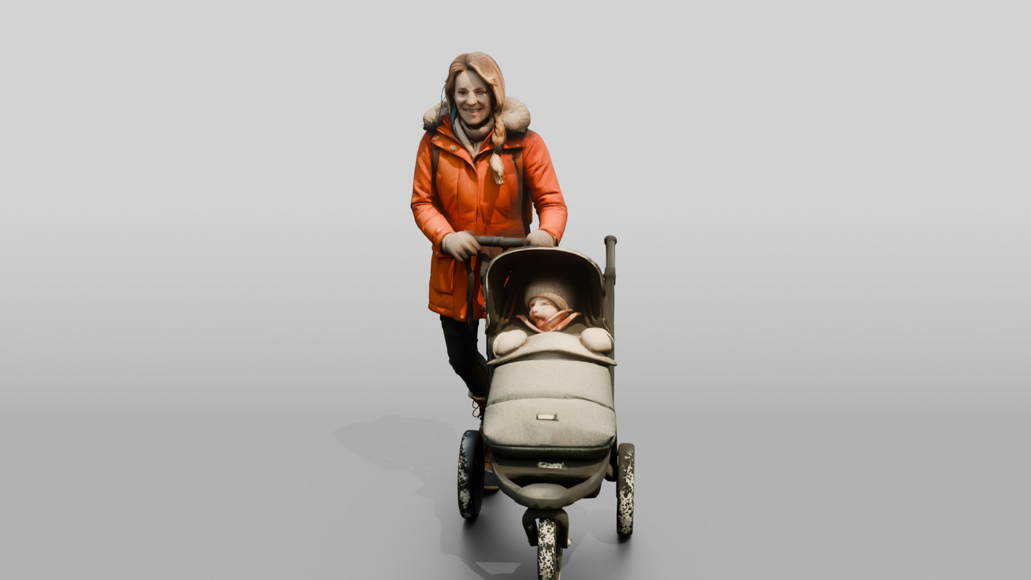 Norwegian Mother Pushing Stroller in Snow