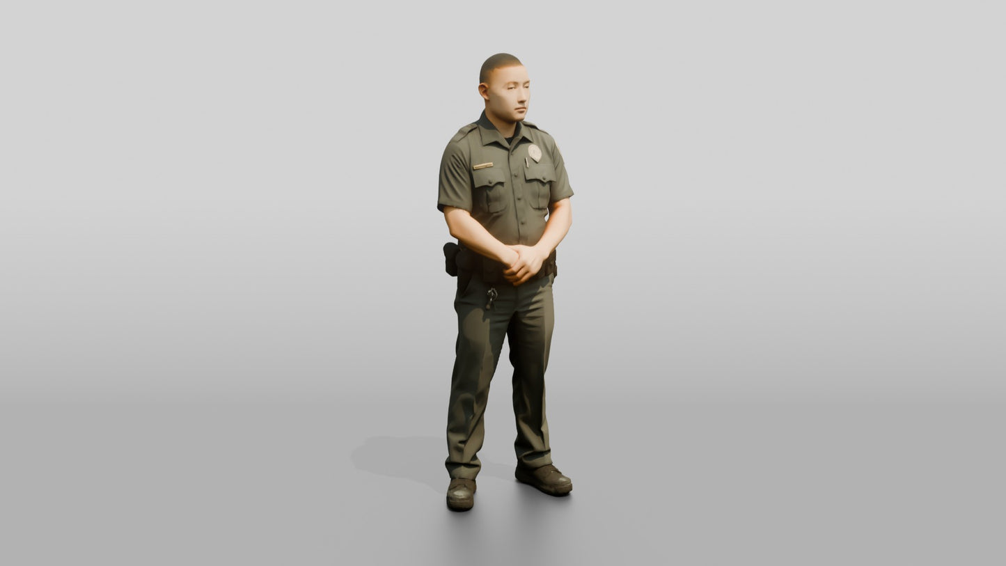 East Asian Male Guard in a Grey Patrol Uniform