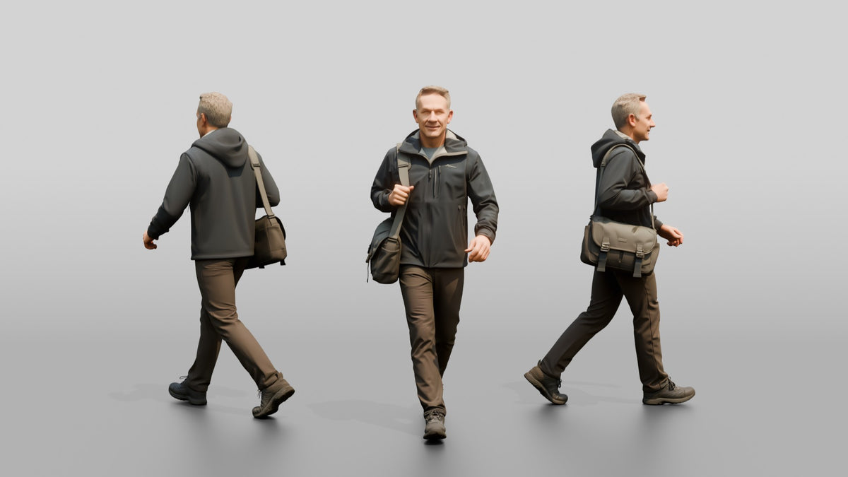 White Man Briskly Walking in Blue Rain Jacket - 3D character model