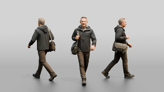 White Man Briskly Walking in Blue Rain Jacket