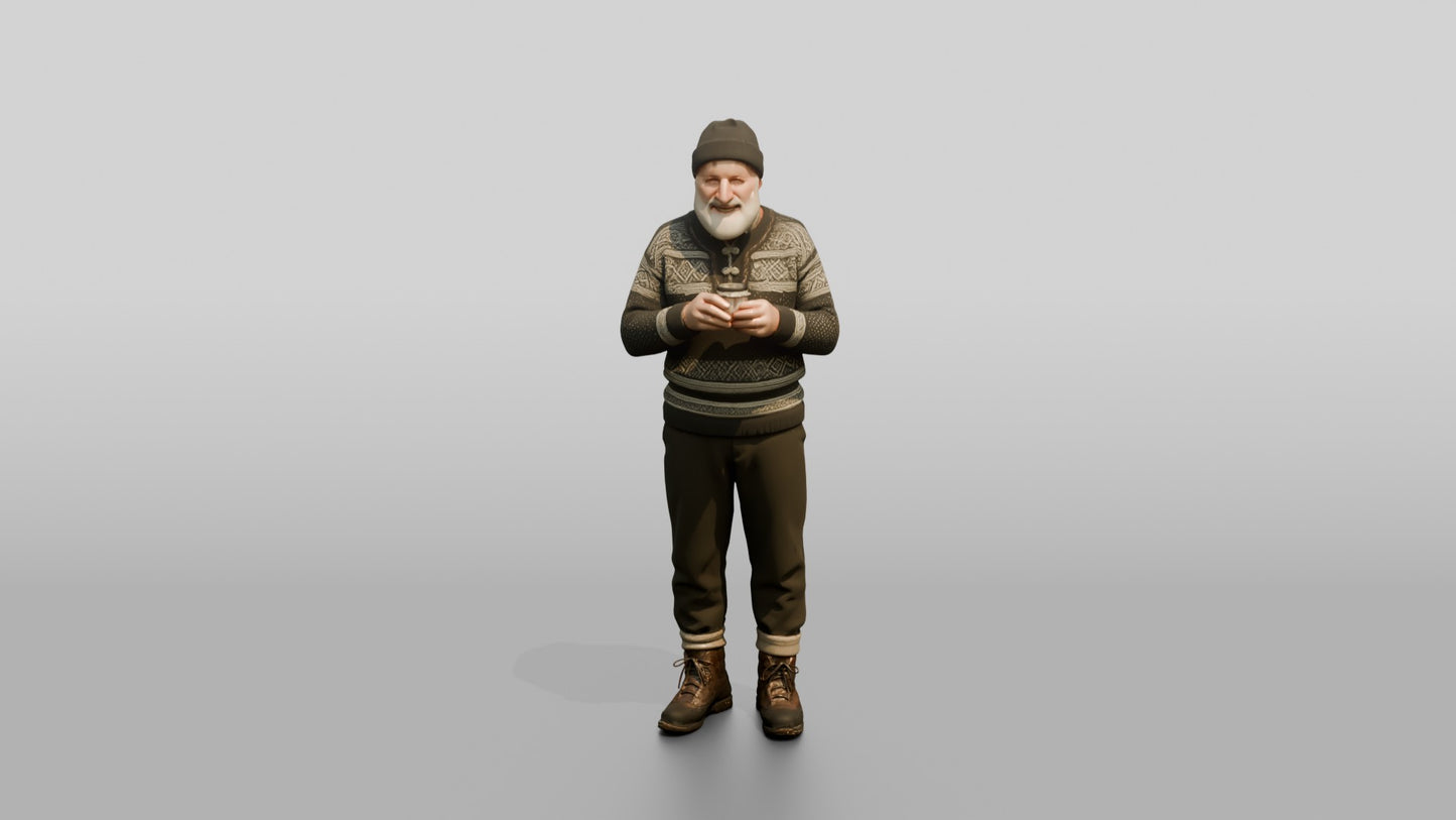 Elderly Norwegian Man Drinking Coffee on Bench