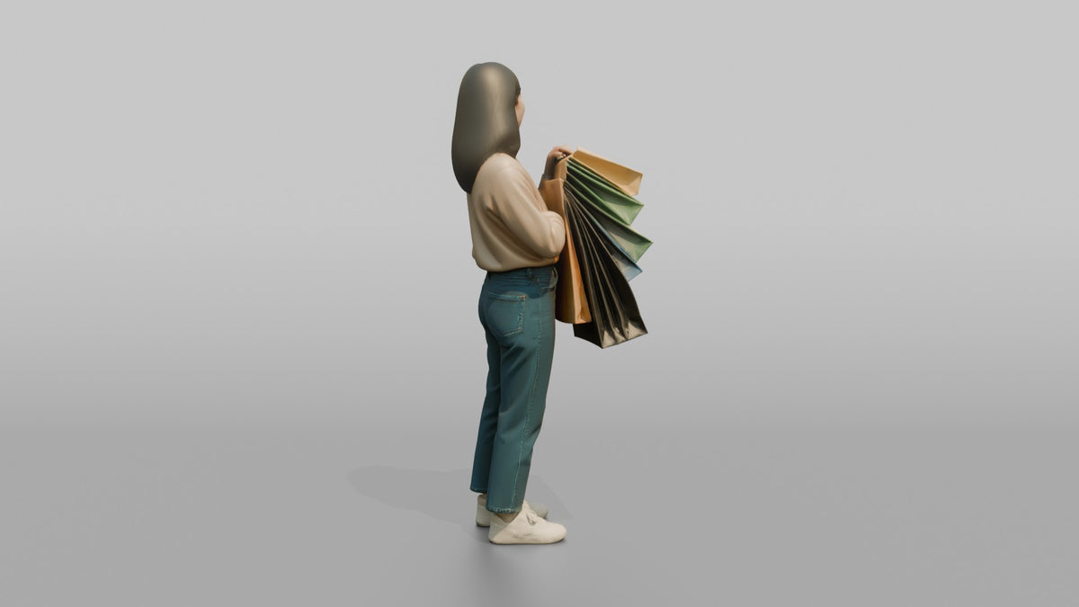Woman Customer Holding Several Shopping Bags Stacked On One Arm - 3D character model, view 3
