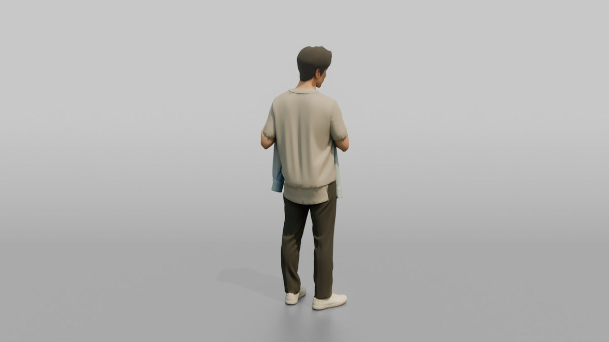 Man Customer Looking At His Reflection While Holding A Dress Shirt Against His Chest - 3D character model, view 3