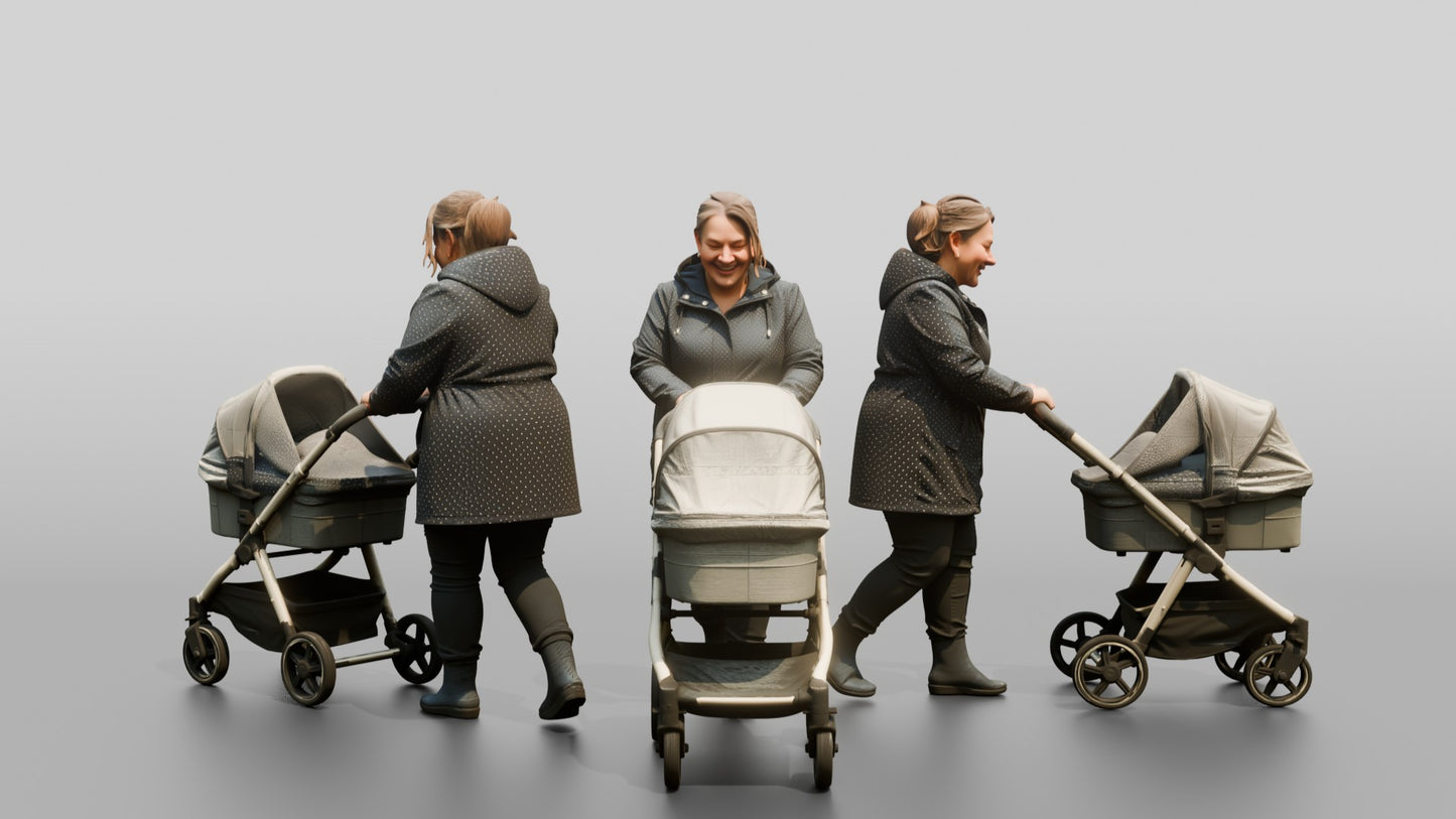 White Woman in Polka-Dot Raincoat Pushing a Pram