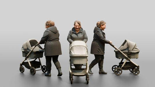 White Woman in Polka-Dot Raincoat Pushing a Pram